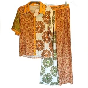 Multi-colored 2 Pc Set Short Sleeve Button Up Shirt + Flowy Wide Leg Pants Small